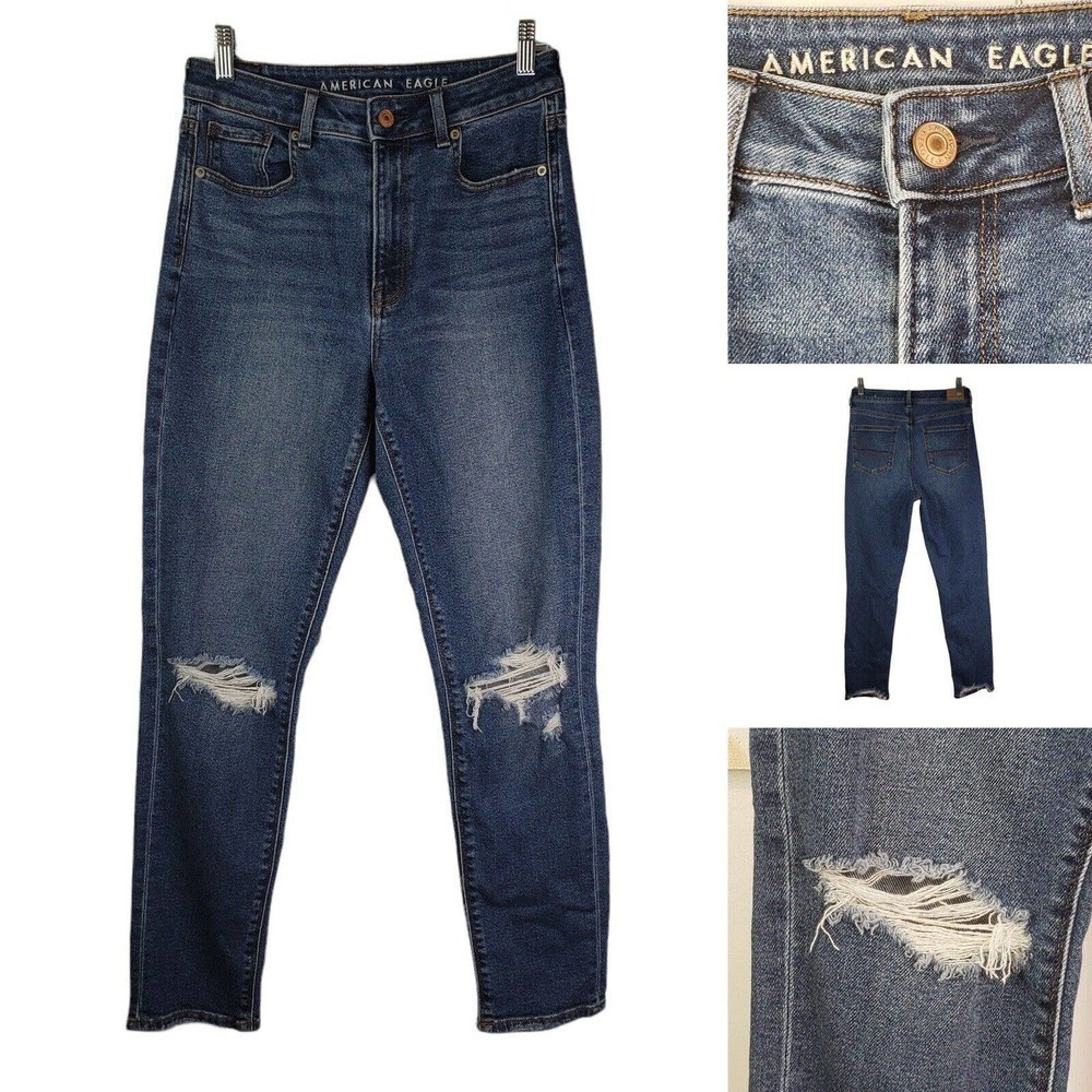 American Eagle Womens High Rise Mom Jeans Stretch Distressed Denim 2 Dark Blue